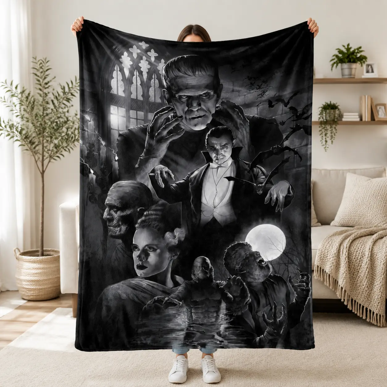 Gothic Horror Blanket 60x80 Inch, Spooky Black Throw Blanket for Bedroom Decor, Vintage Monster Design Soft Cozy Blanket for Halloween Lovers, Dark Aesthetic Room Accessories