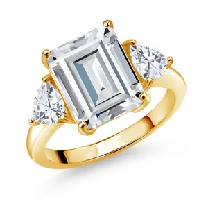 Gem Stone King Gemstone Birthstone and White Moissanite 3-Stone Ring For Women In 18K Yellow Gold Plated Silver | Emerald Cut 12X10MM | Trillion 5X5MM | Wedding Anniversary Promise Ring | Sizes 5, 6, 7, 8, 9