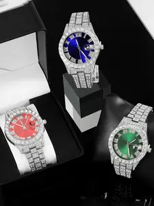 Fashion Quartz Analog Watch Hip Hop Punk Rhinestone Silver Color, Round Face, Mineral Glass, Street Style, Unisex Party Jewelry Gift Box, Rhinestone Wristwatch, Trendy Wristwatch