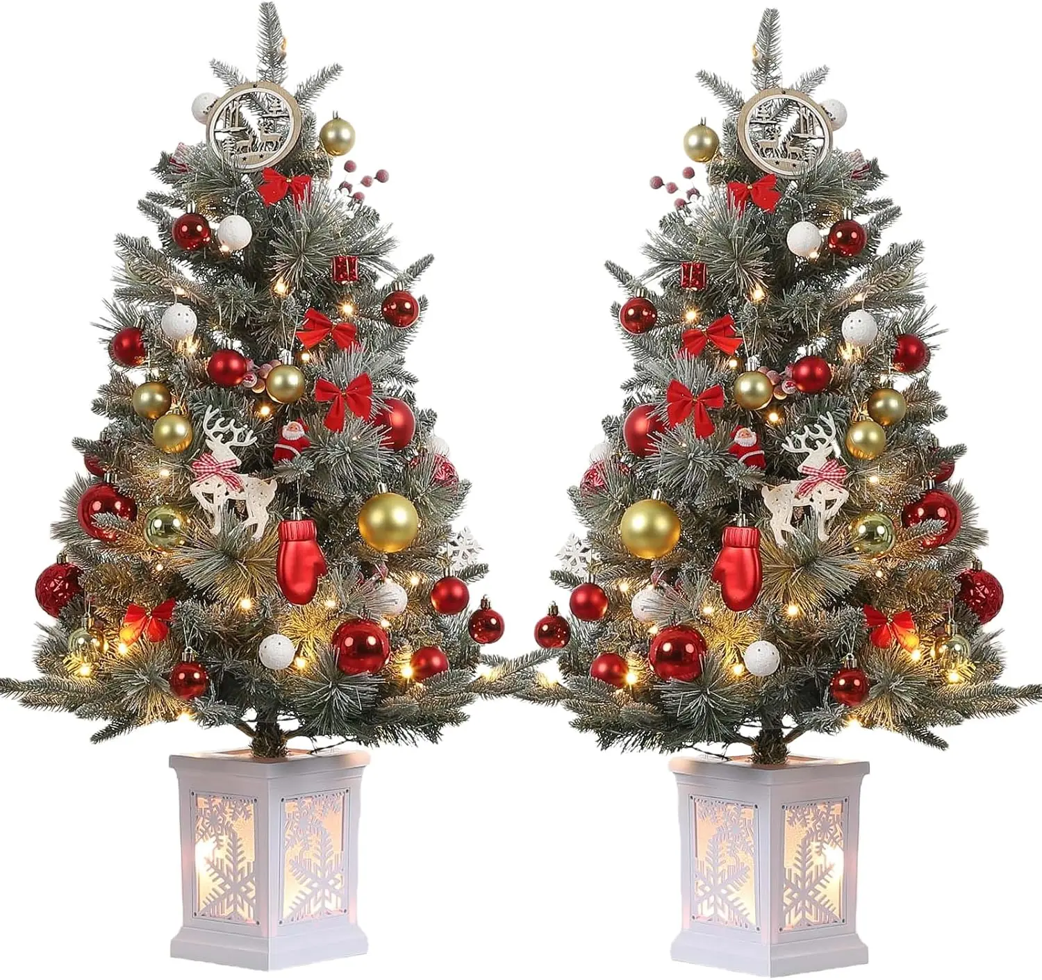 2-Piece 3 ft Pre-Lit Artificial Christmas Trees - 78 Warm Lights, Red Berries, PVC Needles, Metal Snowflake Base - Jolly, Light-Up, Sparkling Christmas Decor for Home, Office, Jolly Christmas Decor