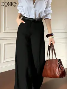 Women's High Waist Wide Leg Pants, Flowy Fit, Comfortable for Office Commute, Outdoors, Business Casual, Stylish, Chic and Versatile Button