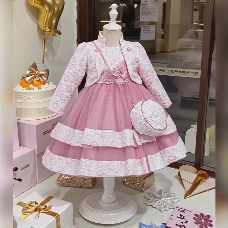 3-Piece Girls' Floral Embroidery Dress Set (Jacket + Purse) – Double-Layer Butterfly & Pearl Wedding Dress for Graduation, Pageant, or Special Occasio