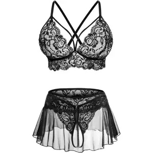 Women Naughty 3 Piece Lace Bralette, Mini Skirt with G-String Crotchless Lingerie Outfits