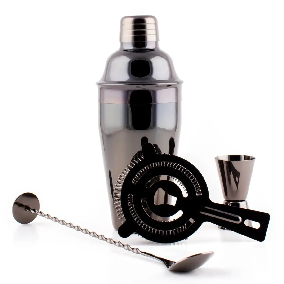 Metallic Stainless Steel 4-Piece Gun Metal Bar Utensils Set - 19 oz Large Shaker Tin, Muddling Spoon, Hawthorne Strainer, Double Jigger, Ideal for Cocktail Lovers, Bartender Gift