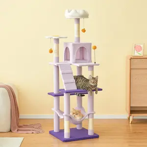 63.8in Flower Multi-Level Cat Tree Purple Cat Tower with Condo and Scratching Post Tower