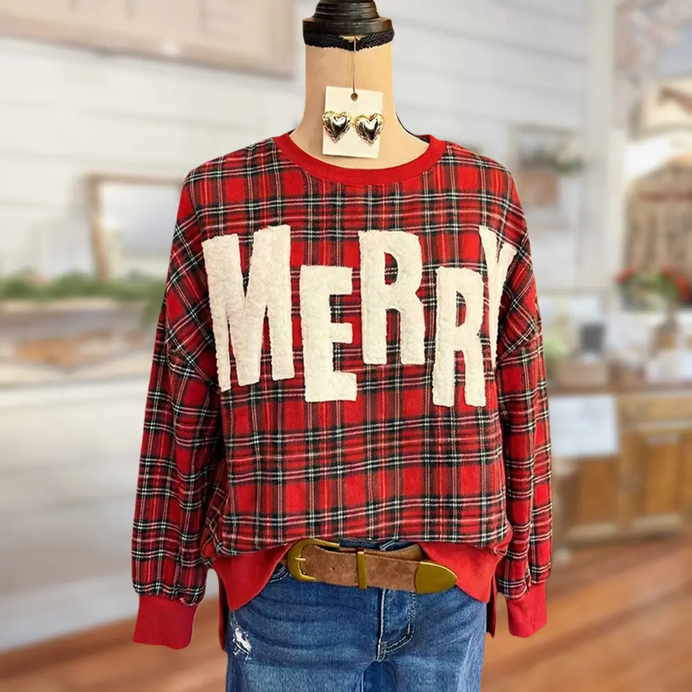 SageVell Plaid "MERRY" Sweatshirt ChristmasFestive Red Checkered Pullover with Fuzzy Letter Detail Cozy Holiday Top Soft Fleece Winter Piece Long Sleeve Hoodie