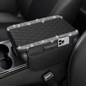 NBTEPEM Upgraded artificial diamond Car Center Console Cover, Microfiber Leather Car Armrest Cover Cushion with 2 Storage Bags, Universal Car Armrest Storage Box Car Interior Accessories for Most Vehicles