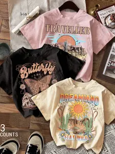 Vintage College Style Teen Girls Casual Graphic Tee, Retro Outdoor Landscape Butterfly Western Cowboy Print, Round Neck Short Sleeve Top, Graphic Shirt, Casual Comfy Shirt