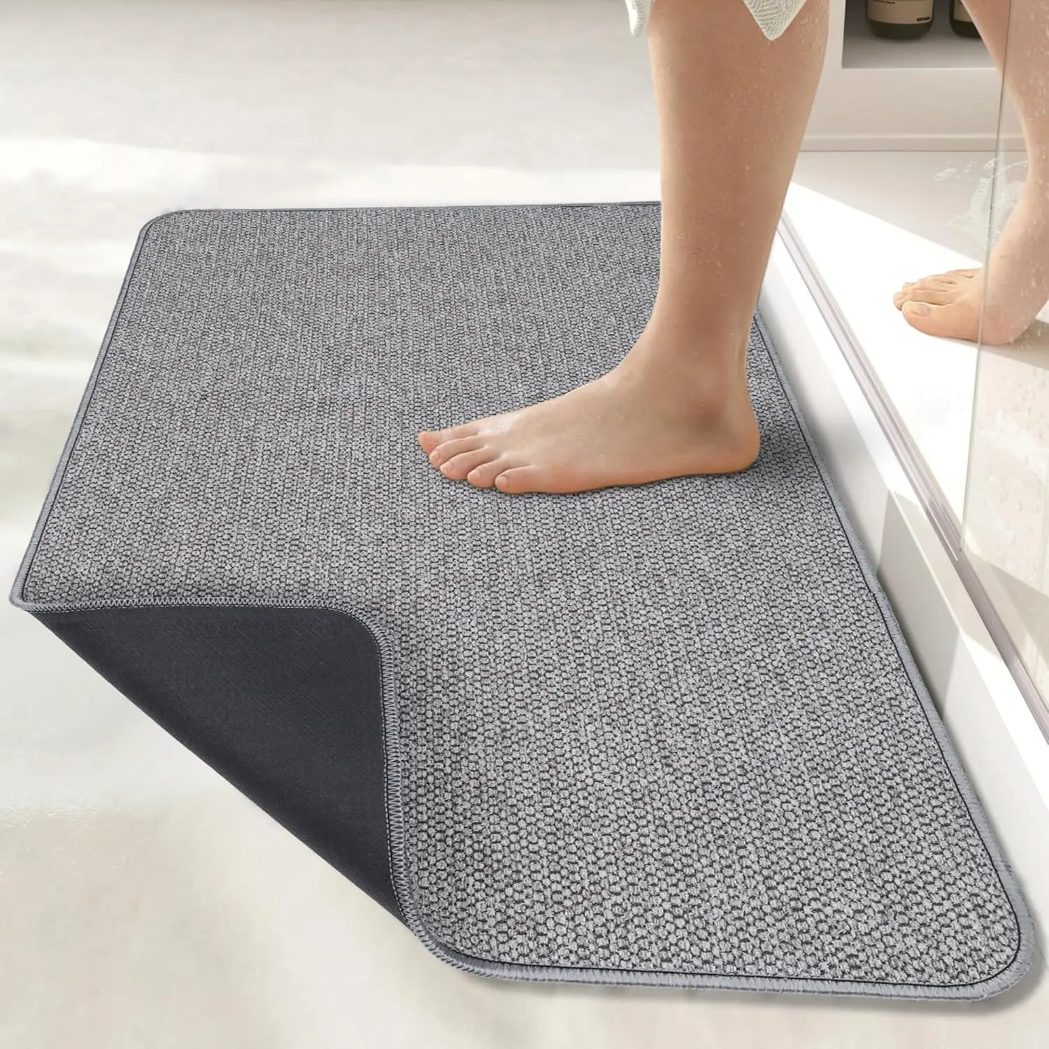 Handmade Ultra-Thin Rubber Bath Mat - No-Slip, Quick-Dry, Machine-Washable, Low-Pile, Absorbent - for Shower Outside, Sink - Home Decor Accessory, Grey, 17x27in (1'5"x2'3")