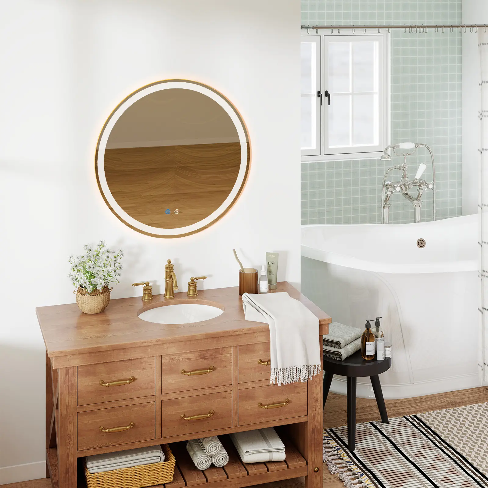 Round Smart LED Bathroom Mirror | Anti-Fog Vanity Mirror with Dual Light Rings, 3 Color Temperatures & Memory Dimming | Wall-Mounted Illuminated Mirror for Modern Bathrooms
