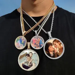 [ICE HUE] 18K Gold Vacuum Plated Copper Round Memory Medallion Pendant Statement Necklace with 5A+ Sri Lanka Zircon, Custom Picture, Miami-Italy-Mexico & Micro Inspired, Men's-Women's Luxury Costume Jewelry, Daily Wear Gift Idea,summervibes
