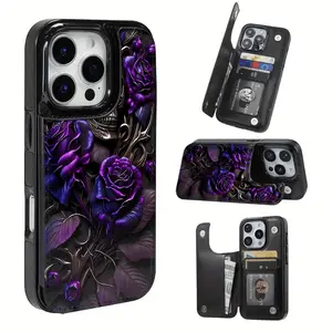 Creative and Cool Purple Rose Skull Pattern Design Leather Card Holder Phone Case,for iPhone 17 Pro Max Phone Case 17 Air 16 15 Plus 14 13 12 , Samsung Galaxy S25 ULTRA FE Plus S22 S23 FE S24 Plus