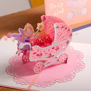 Baby Shower Greeting Card with Envelope, Pop-Up Stroller & Fairy Design, Cartoon Theme, Blank for Personalized Messages, Suitable for Newborn Boys & Girls