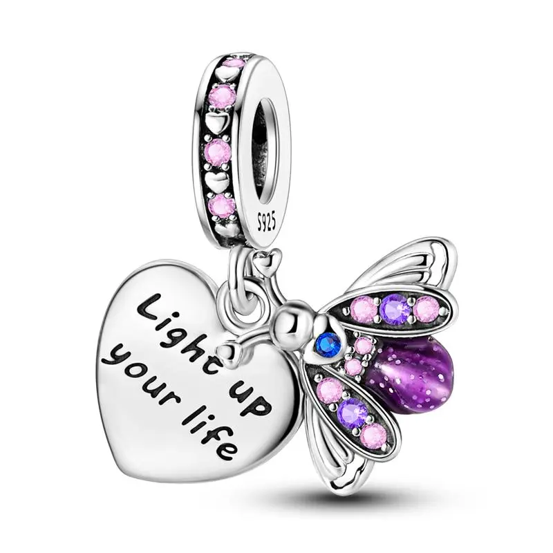 MULA Luminous Firefly Charm, S925 Silver Purple Enamel & CZ Bead with "Light Up Your Life" Heart Pendant, Inspirational Nature Jewelry for Pandora Bracelets & Necklaces, Perfect Birthday Graduation Mother's Day Gift for Women & Girls, Trending Accessory