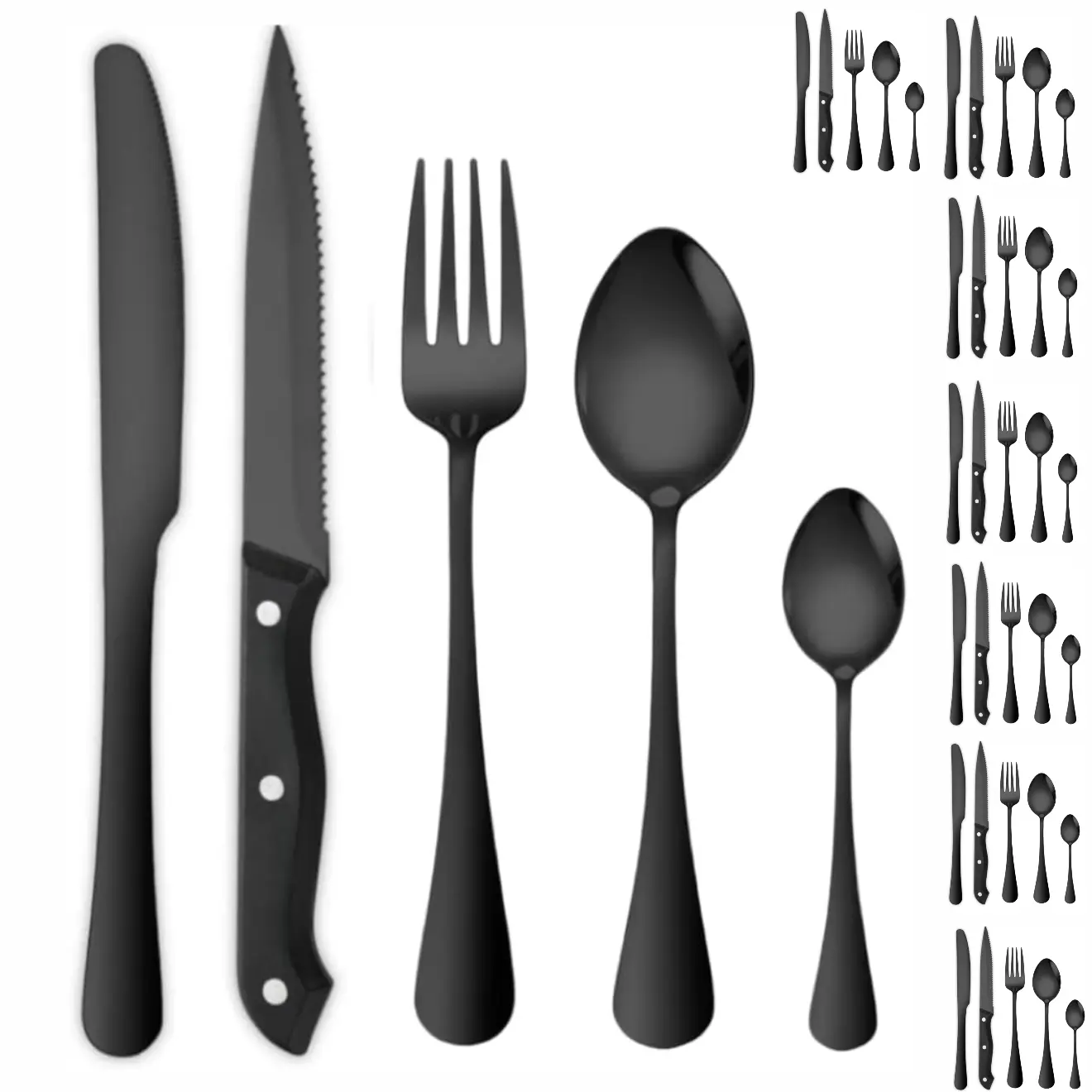 40 Piece Cutlery Set with Sharp Steak Knives Black Stainless Steel Fork and Spoon Set, Mirror Polished Finish, Easy to Clean, Suitable for Home and Hotel Use