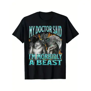 Funny Werewolf Meme T-Shirt - "My Doctor Said I'M Morbidly A Beast" - Men'S Horror Comedy Graphic Tee - Heavyweight Cotton Shirt - Perfect For Halloween, Werewolf Fans & Dark Humor Lovers, Halloween Clothes, Casual Wear, Sunset Design Shirt