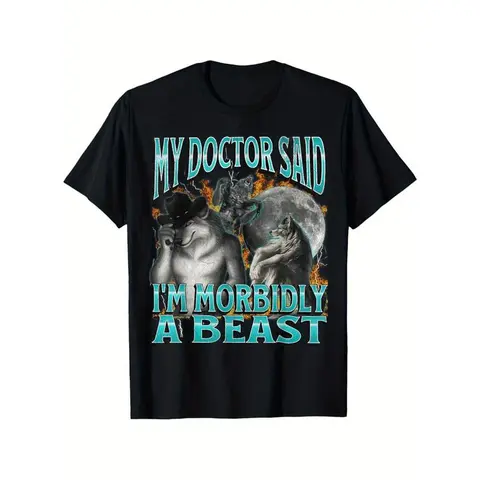 Women's Funny Werewolf Meme Short-Sleeve T-Shirt - "My Doctor Said I'm Morbidly A Beast" - Chic Horror Comedy Graphic Tee - Breathable Heavyweight Cotton - New Year Party Gym Layer - Any Body Type Funny Shirts For Werewolf Fans