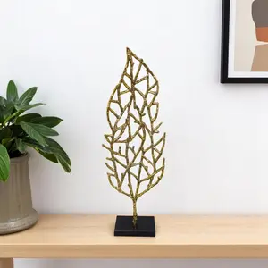 360 Stand 26 in. Gold-Black Aluminum & Marble Handcrafted Modern Nature Leaf Tabletop Sculpture, Home Decor, Ideal Gift for Lounge Spaces
