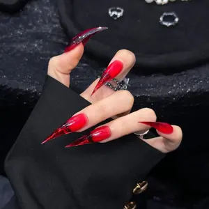 Purely handmade false nails, two colors—red and black—with gradient blending; wearable nail tips featuring sleek lines, cat claws, dragon claws, and beast claws; long length, gothic style, versatile design.