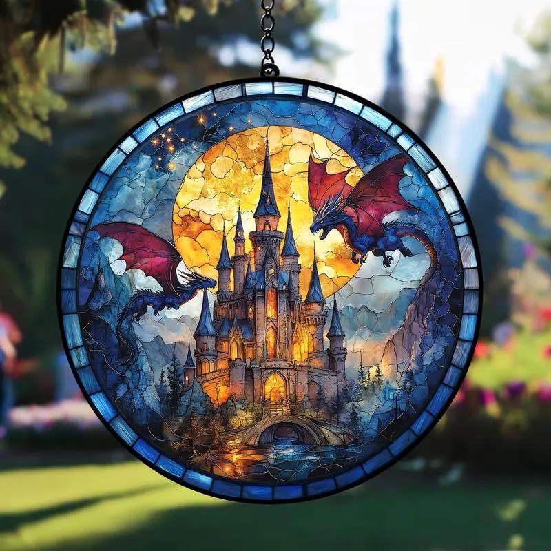 Artistic Round Reflective Glass Fourth Wing Dragon Hanging Suncatcher Ornament - Decorative Metal Window Wall Decor, Basgiath War College Light, Colorful Empyrean Series, Fantasy Art Valentine's Day Gift for Garden