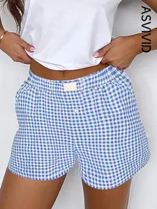 Women's Casual Gingham Printed Shorts, Fitted Mid Waist Elastic Waist, Short Pants for Daily Wear, Comfortable and Stylish