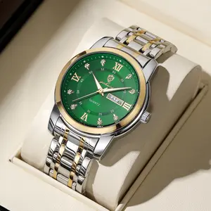 GOHUOS Men's Luxury Dress Watch with Dual Calendar Diamond Accents Stainless Steel Strap Hidden Clasp 3ATM Waterproof Business Casual Design, Premium Gift Box