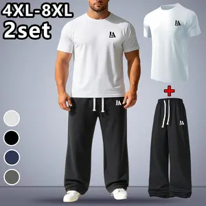 4XL–8XL oversized men’s casual set for summer, solid color/print short-sleeve top and long pants two-piece outfit, plus-size widened design, stretchy fabric, suitable for everyday wear and outdoor workouts, available in multiple colors.