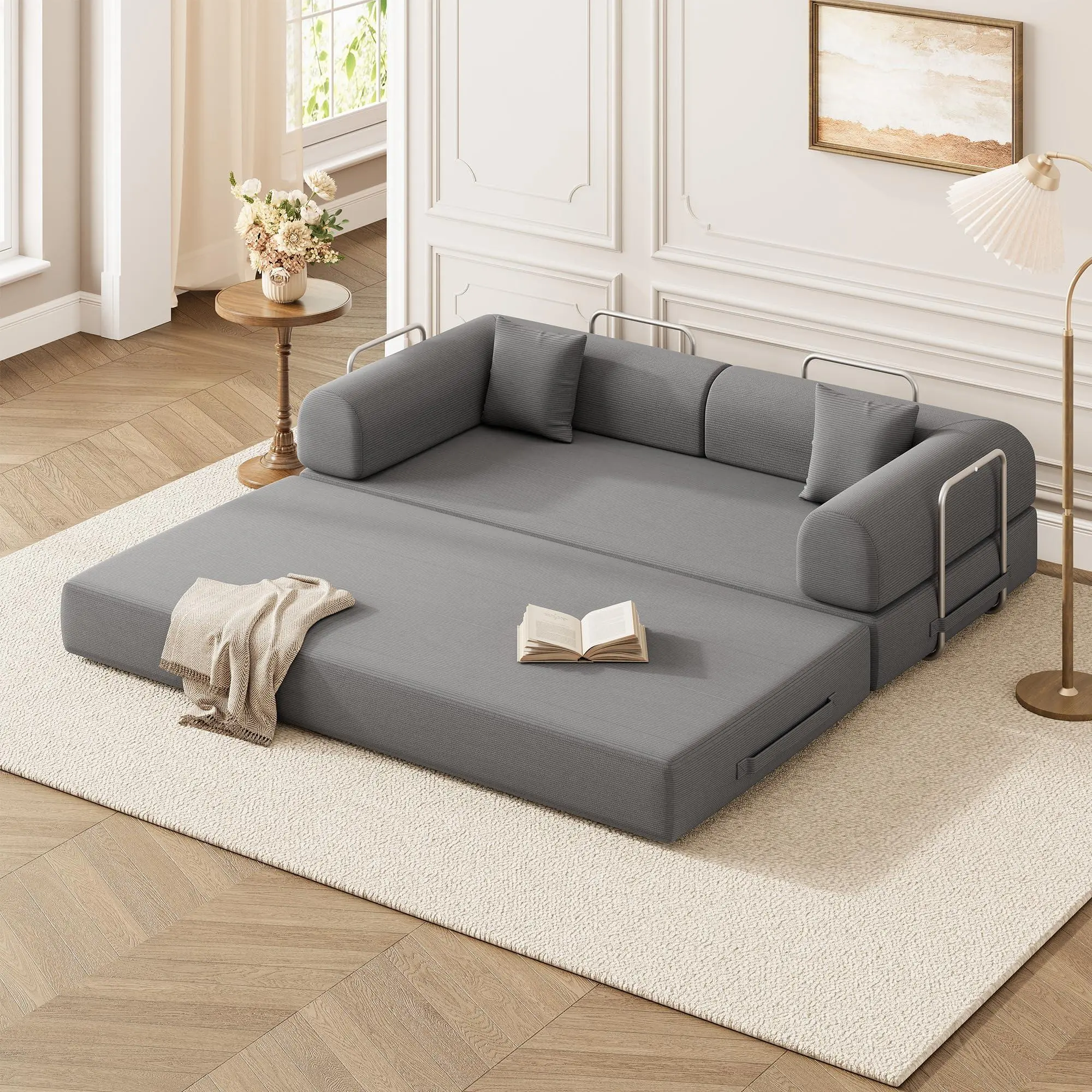 GAOMON 78.7" Grey 5‑in‑1 Convertible Modular Corduroy Sofa Bed, Boneless Fold‑Out Floor Futon Couch with Pocket Springs & 4D High‑Density Foam, No‑Assembly Multi‑Purpose Sleeper Sofa for Apartment Dorm Living Room