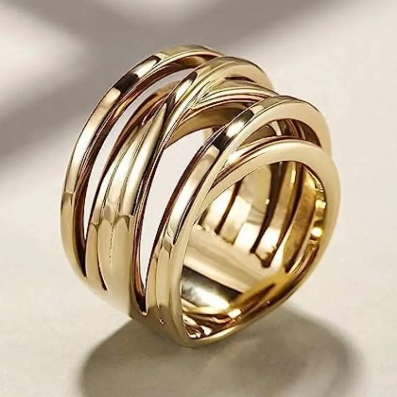 Elegant Golden Retro Stainless Steel Ring, Unique Wide Irregular Woven Wrapped Handmade Hand Accessory for Birthday, Valentine's Day Gifts
