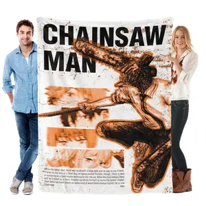 Chainsaw Man Anime Art Flannel Blanket Edgy Design Iconic Illustration Rust Orange Accents Ideal for New Year & Valentine's Day Gifts Soft Cozy Present for Fans