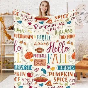 Vintage Fall Fuzzy Flannel Blanket 60 x 50 Inch Retro Pumpkin Football Throw Blanket Retro Harvest Blanket for Thanksgiving Home Chair Sofa Couch Bed, 1 count, Print on One Side with a Plain White Back