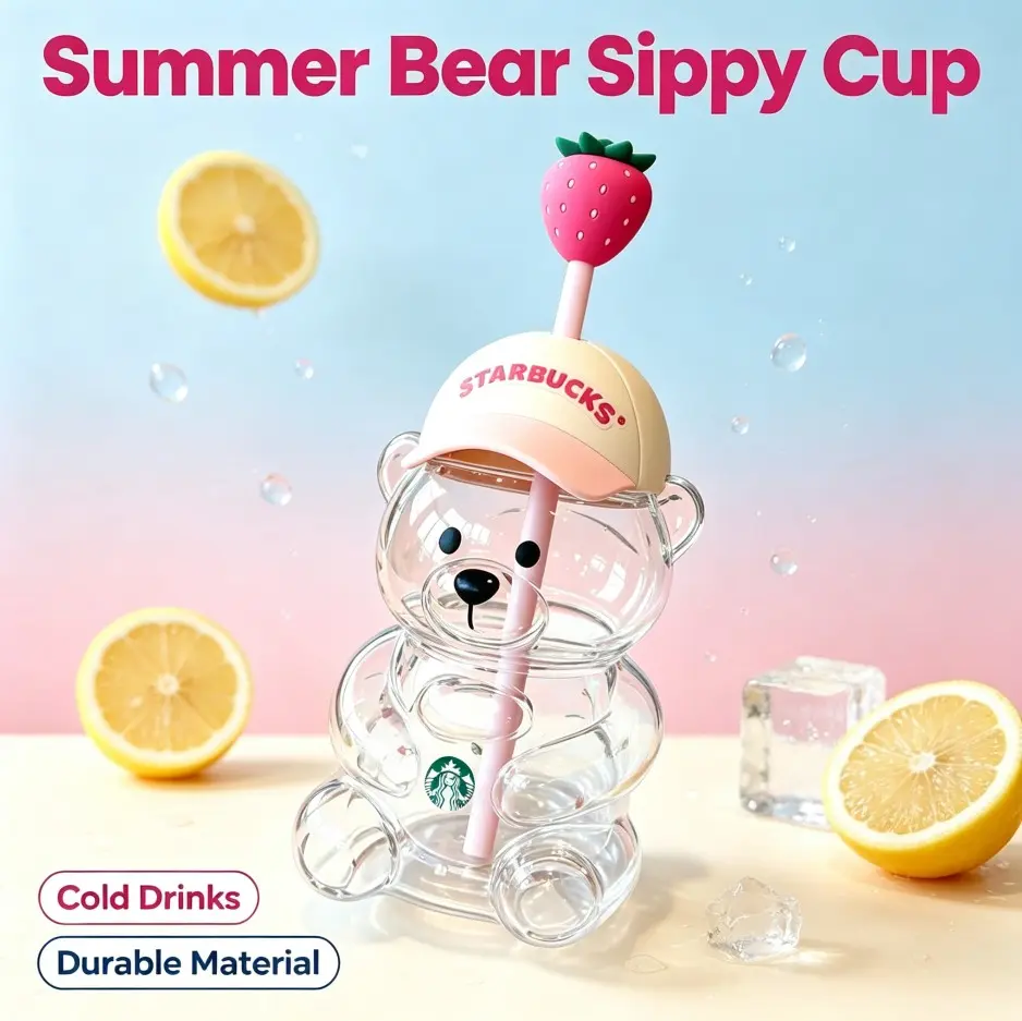 Viral Bear Shaped Glass Cup, Nostalgia oliday Collection Drinking Jar with Striped Straw and Beanie-Style Lid for Valentine’s Day