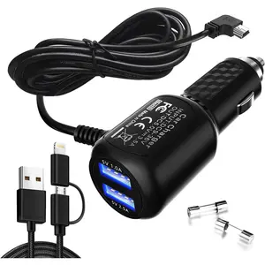 Car Charger ,Mini USB Power Cord Cable Dual Port USB Vehicle Power Charging Cable Cord for Garmin Nuvi C255 Dashcam