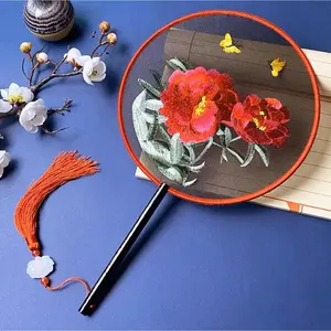 China Fan Wholesale Semi-Transparent Long Handle Tassel Dance Fan Female Costume Hanfu Cheongsam Embroidery Small Round Fan