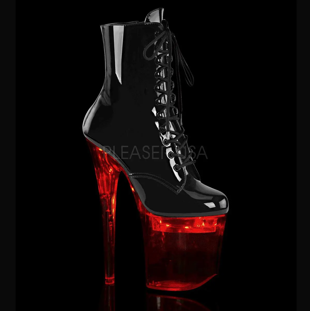 Women's Lace-Up LED Light-Up Platform Boots, 8-in Heel FLASHDANCE-1020-8, Black Patent Finish, Boot