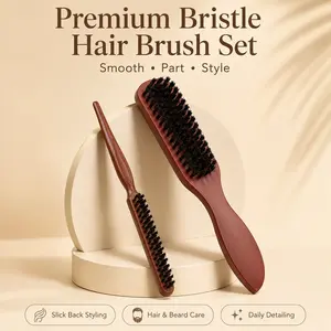 2PCS Bristle Hair Brush Set, Slick Back Styling Brush & Rat Tail Edge Brush for Women & Men, Smoothing, Parting, Teasing, Edge Control & Beard Grooming Hair Styling Tools