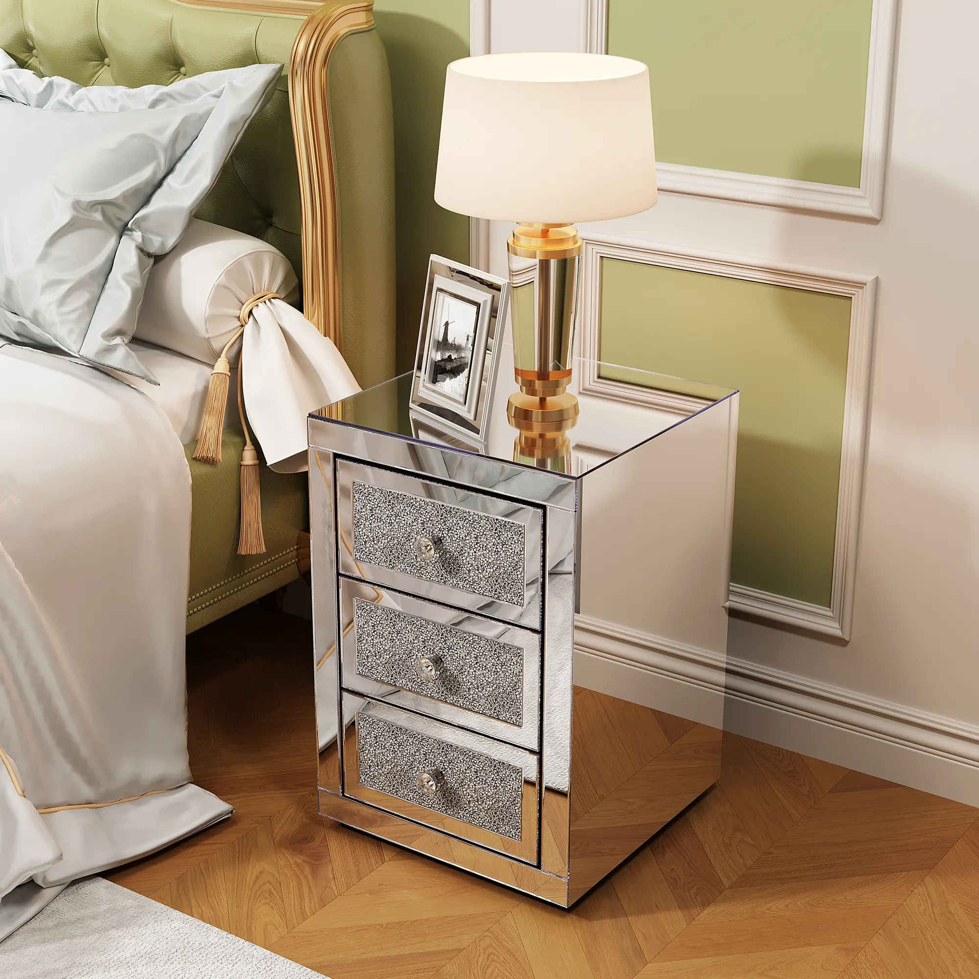 3-Drawer Mirrored Nightstand, Silver Glass Accent Bedside Table with Crystal Knobs, Modern Mirrored End Table Storage Cabinet for Bedroom Living Room