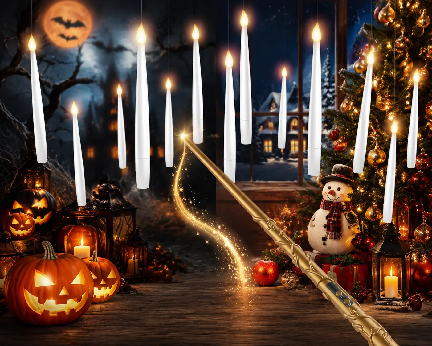 Floating Candles with Wand – 12-Piece Christmas Decoration Set; Magical Flameless LED Floating Candles Emitting a Warm, Flickering Glow; Includes Remote Control and Batteries; Suitable for Indoor and Outdoor Christmas Party Decor.