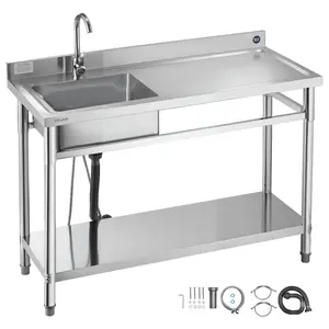 【Spotlight Day】VEVOR Stainless Steel Utility Sink Bar, Free-Standing Single Bowl Commercial Kitchen Sink with Faucet, Right Basin Workbench with Hot & Cold Water Pipes for Garage, Restaurant, 47x19.7x37 in