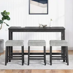 4-Piece Bar Table Set with Power Outlet, Space-Saving  Dining Table for Kitchen use , 3 Stools Fit Underneath, Sturdy Wood Frame for Living Room & Game Room， breakfast nook