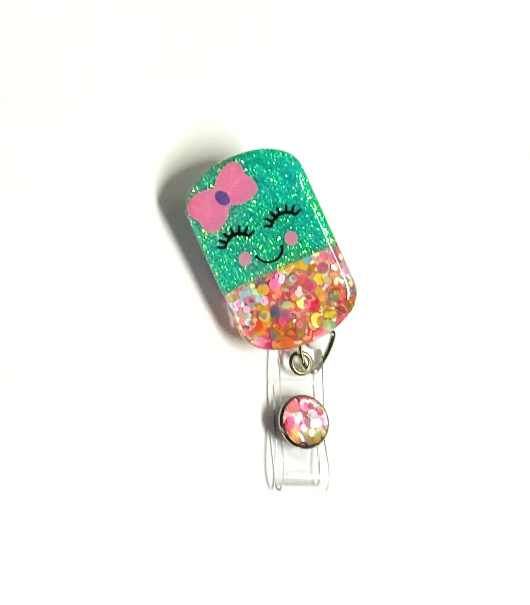 Happy Pill Badge Reel 2" Mint Pharmacy Pharmacy Technician Nurse Retractable Swivel Alligator Clip with Glitter Design