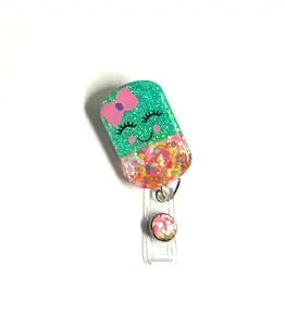 Happy Pill Badge Reel 2" Mint Pharmacy Pharmacy Technician Nurse Retractable Swivel Alligator Clip with Glitter Design
