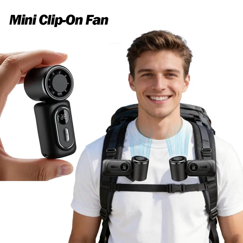 Mini Portable Handheld Clip-on Fan, Rechargeable 3000mAh Battery, 5 Speeds, 180° Adjustable Airflow, Smart LED Digital Display Portable Handheld Turbo Fan, Perfect for Travel, Office, Shopping, Camping & Hiking, Portable Fan, Fan Portable