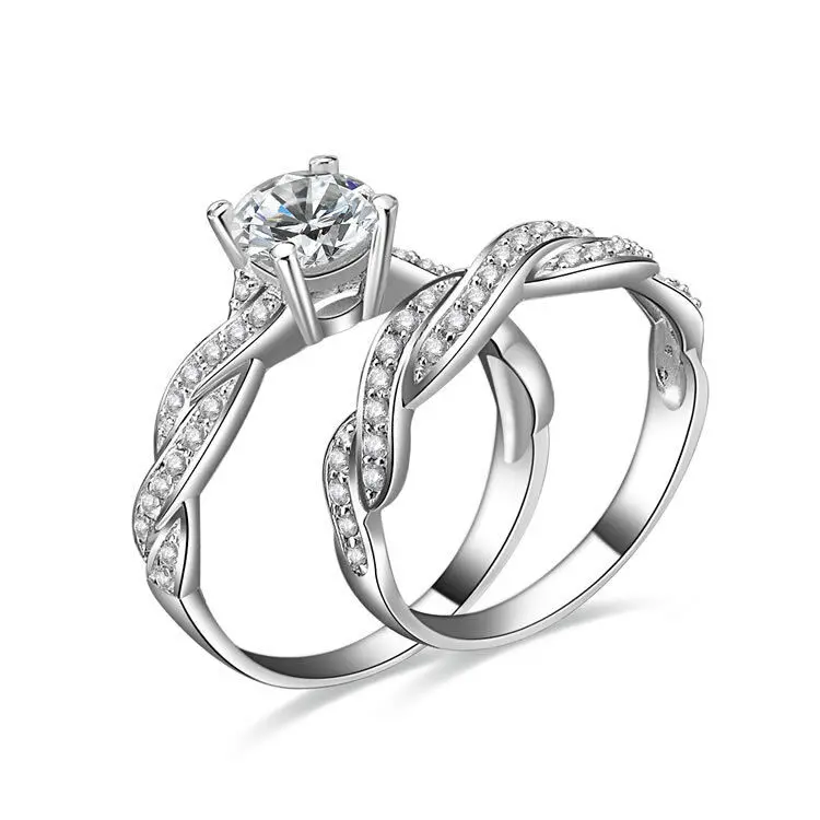 2PC 925 STERLING SILVER WEDDING BAND CZ ENGAGMENT RING GUARD SET SIZE 3-12 SS028