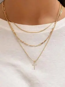 Elegant Women's Charm Necklaces Set, Artificial Zircon Cross Pendant, Multi-Layer Stacking Jewelry, Faith-Inspired Design