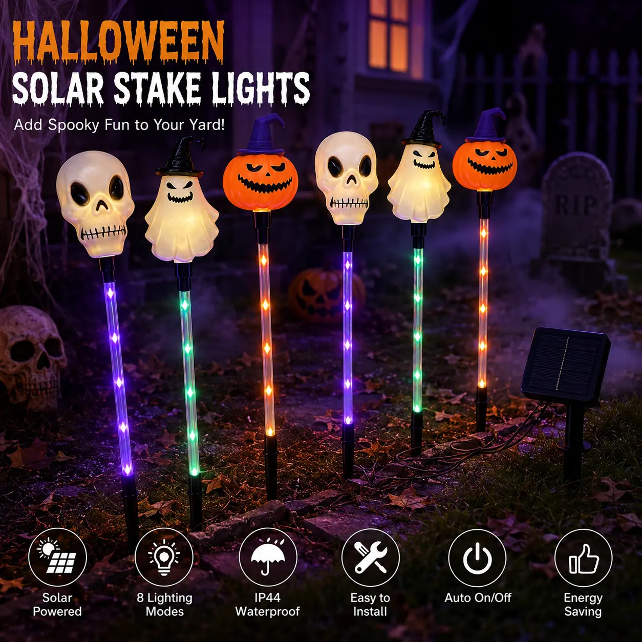 6-Pack Solar Halloween Stake Lights, Skull Ghost and Pumpkin Outdoor Yard Decorations with 8 Lighting Modes, IPX4 Weather-Resistant LED Pathway Lights for Lawn, Garden and Walkway