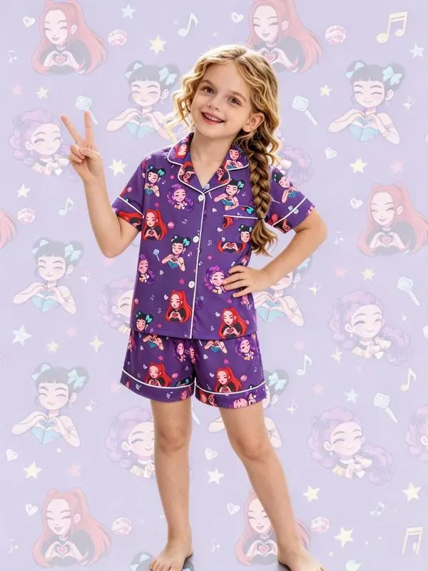 Youth Adult Kpop Inspired Pajama Set, Star Diamond Cartoon Print Sleepwear, Short Sleeve Shorts Lounge Set, Cute Matching Home Outfit