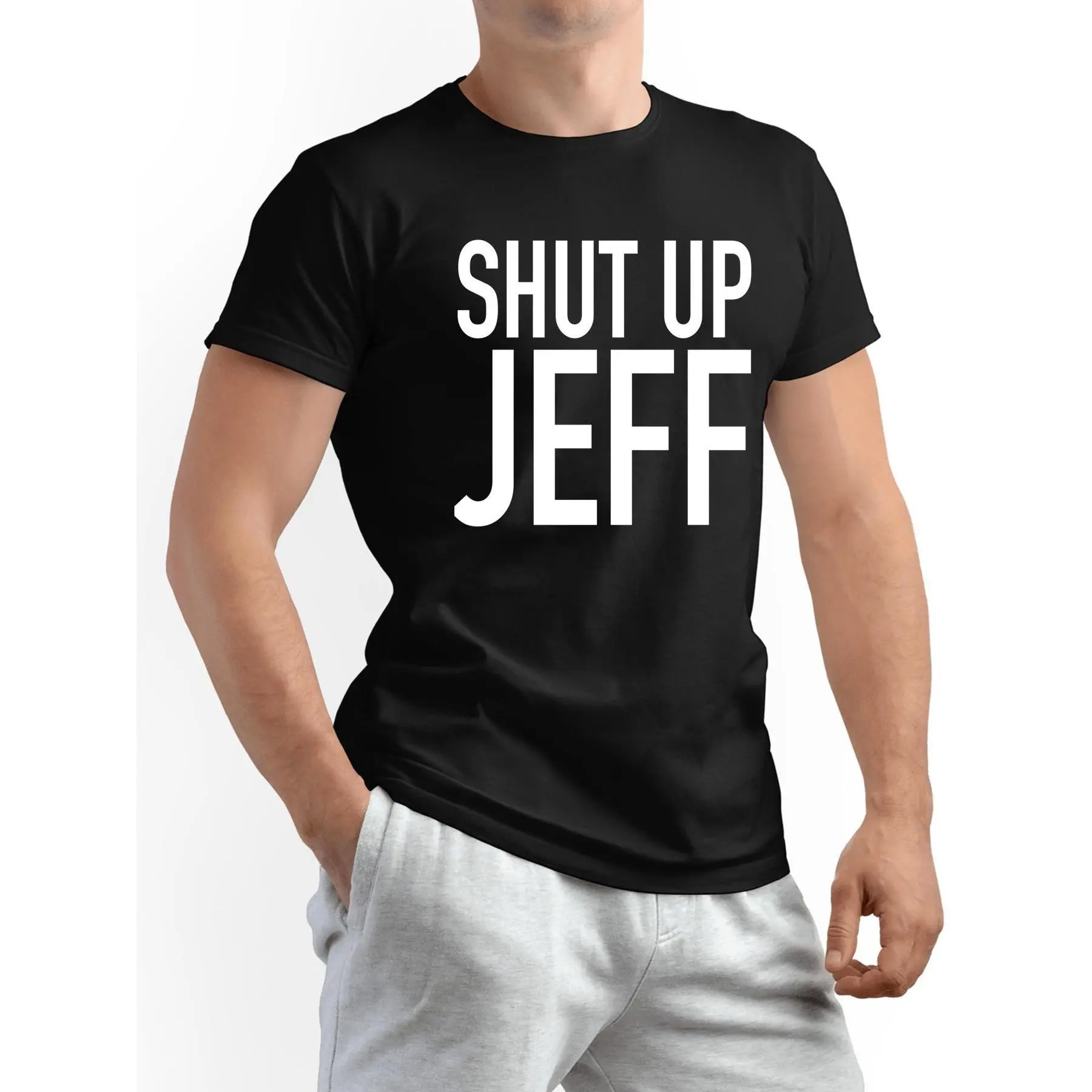 SHUT UP JEFF Men's Funny T-Shirt with "SHUT UP JEFF" Print - White & Black Casual Crew Neck Short Sleeve Tee, Humorous Gift for Jeff Fans, Casual Attire, Gym, Parties, Year-Round Comfort (Machine Washable) - Novelty Apparel Graphic Concert Y2K Streetwear