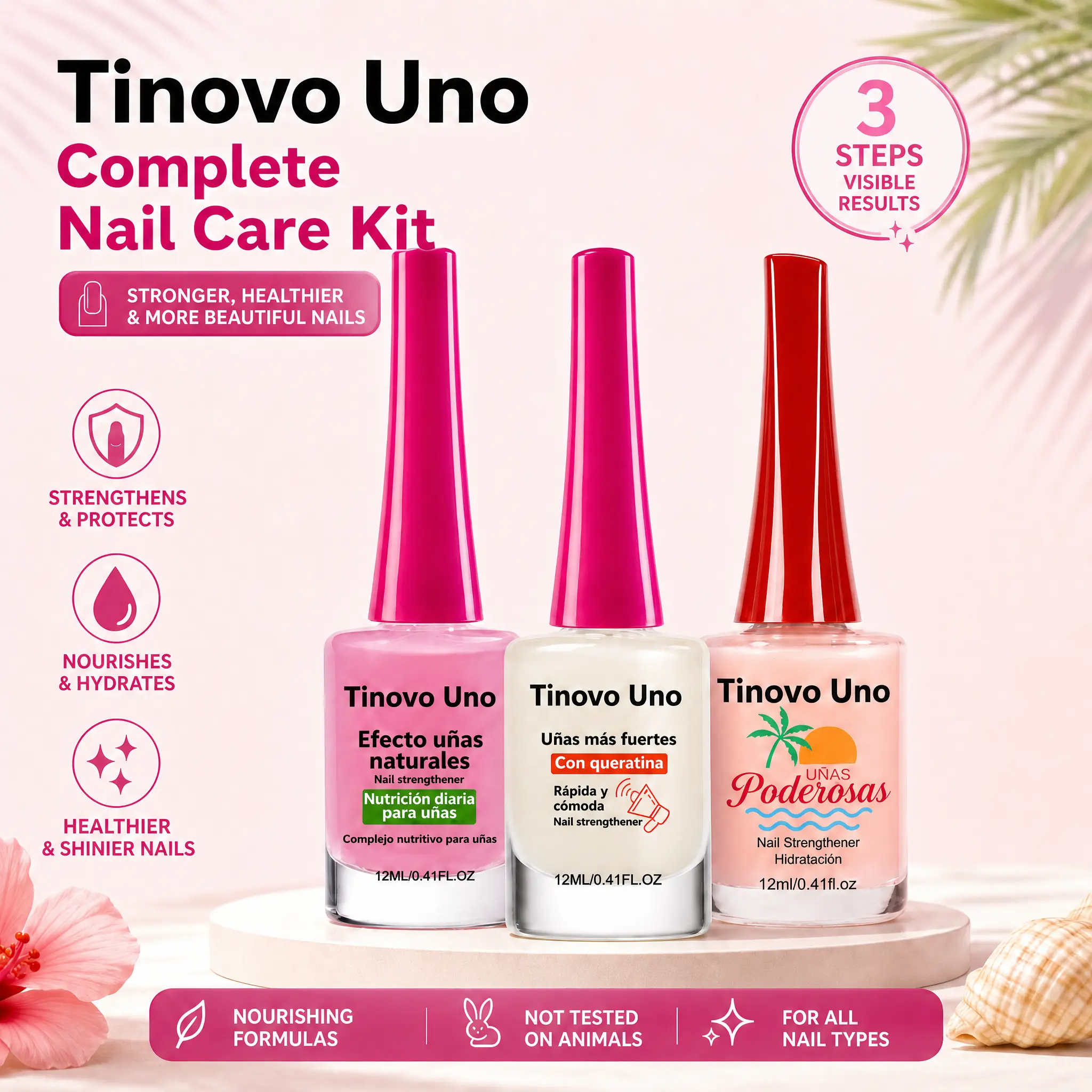 TINOVO UNO Complete Nail Care Strengthener Kit, 3‑in‑1 Nail Treatment for Weak Brittle Peeling Nails, Nourishing Hydrating Keratin Nail Hardener, Home Daily Nail Repair Treatment, 12ml Per Bottle