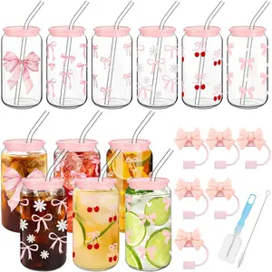 6 Pcs Pink Bow Glass Cup Bulk 16oz Aesthetic Cute Glass Cup with Lids and Straws Reusable Pink Bow Silicone Straw Toppers Lids Protectors 2 Brush for Drinking Iced Coffee Tea Cocktail